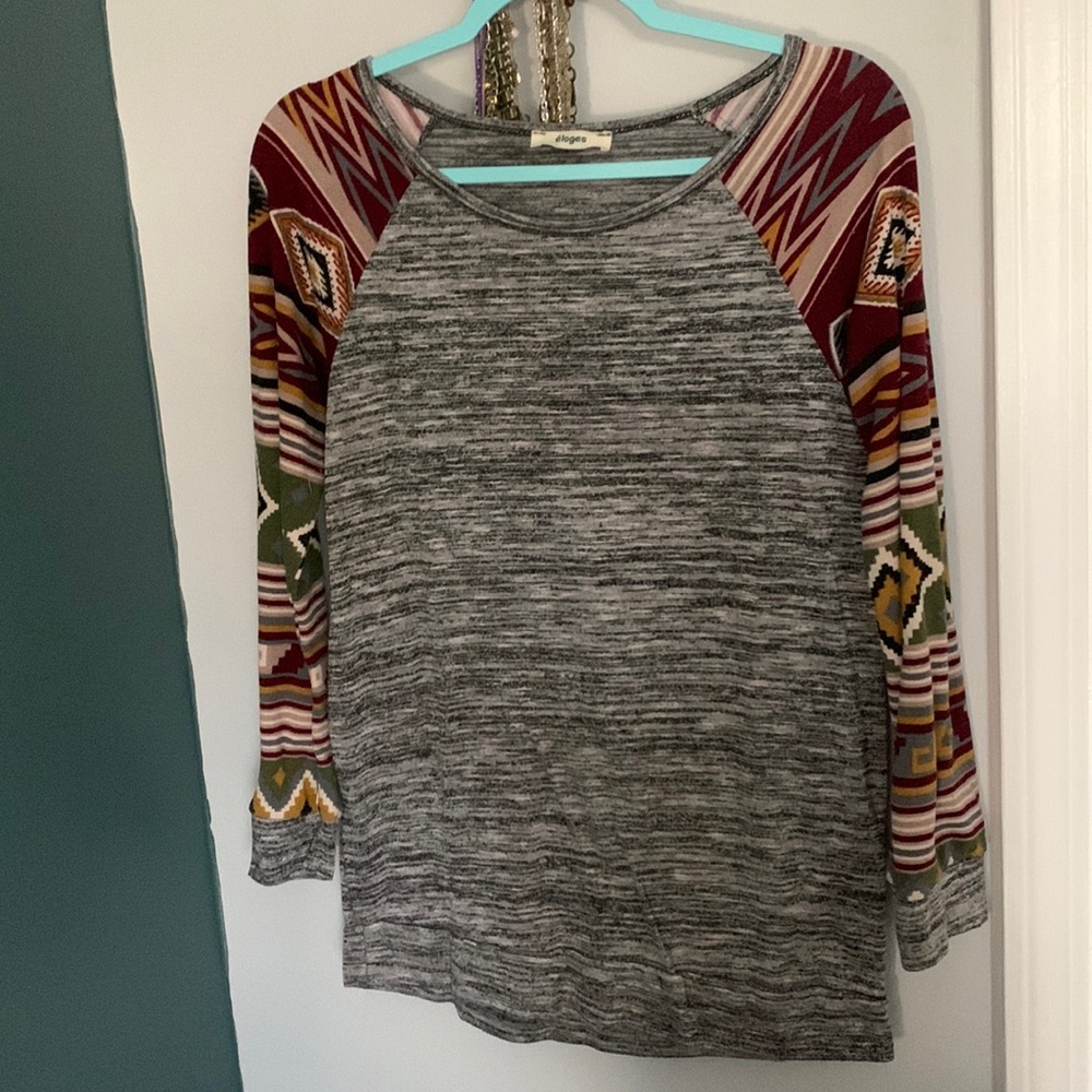 Womens long sleeve top with patterned sleeve